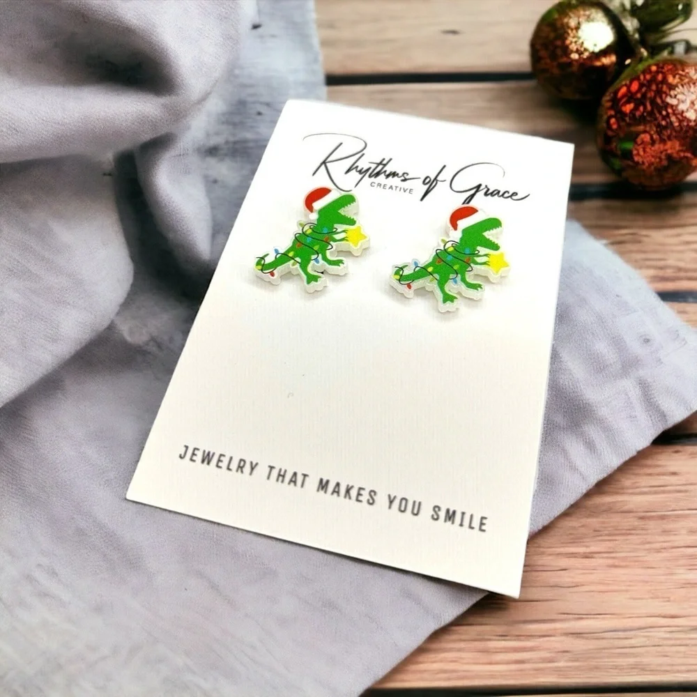 Dino-Mite Christmas Studs: Quirky Holiday Earrings for dino lovers! NWT Dinosaur